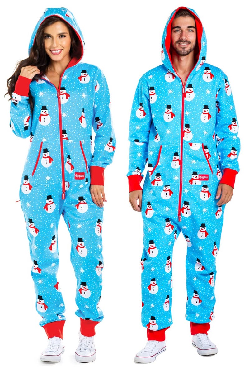 Tipsy Elves Christmas Onesies for Adults - Comfy Unisex Matching Holiday Jumpsuits with Convenient Pockets - Blue Snowman Christmas Jumpsuit Size Large - Image 1